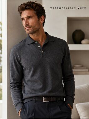 Metropolitan View Charcoal Gray 100% Wool Polo Sweater XL Knit Lux Italian Yarn